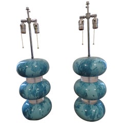 Magnificent Pair Karl Springer Marbleized Blue Lacquer Lucite Table Lamps, 1970s