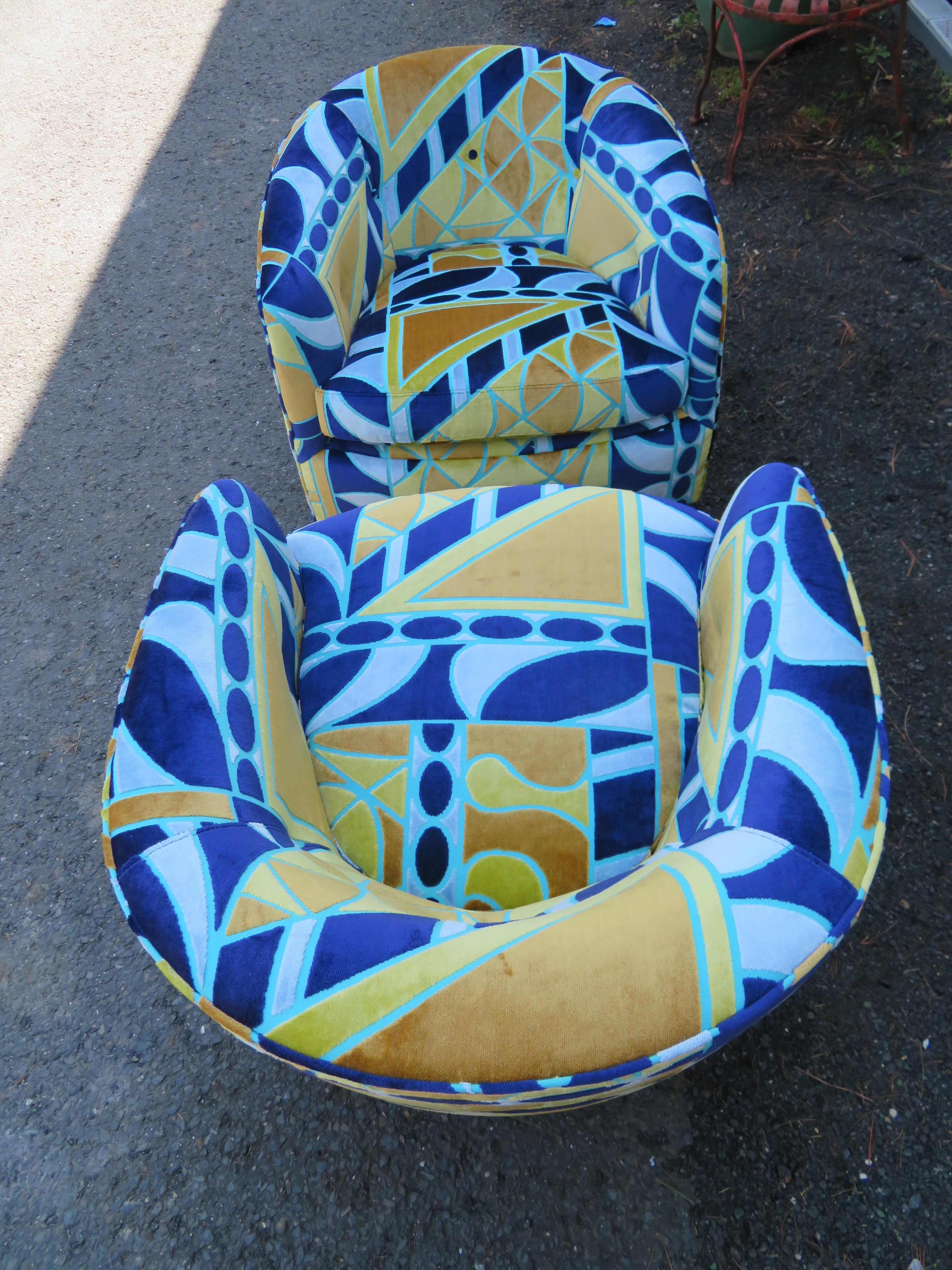 Upholstery Magnificent Pair Milo Baughman Barrel Back Swivel Rocker Lounge Chairs 