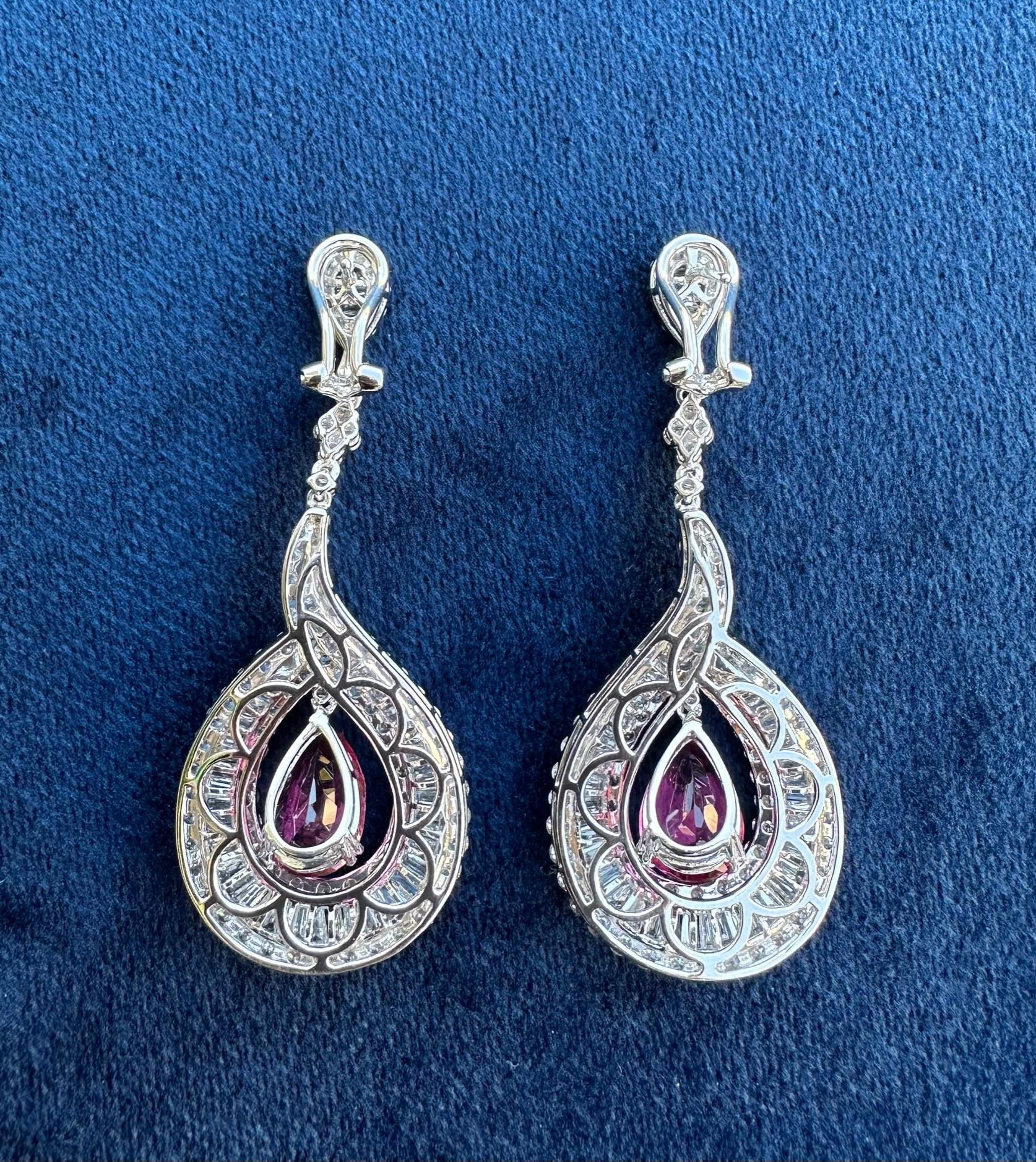 Artisan Magnificent Pair of 18.08 Carat Rubellite & Diamond 18K White Gold Drop Earrings For Sale