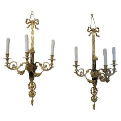 Magnificent Pair of 19th C Empire Gilt Bronze Sconces, Large and Fine Detail
