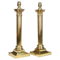 Magnificent Pair of 19th Century Brass Corinthian Column Table Lamps Antique Magnificent Pair of 19th Century Brass Corinthian Column Table Lamps