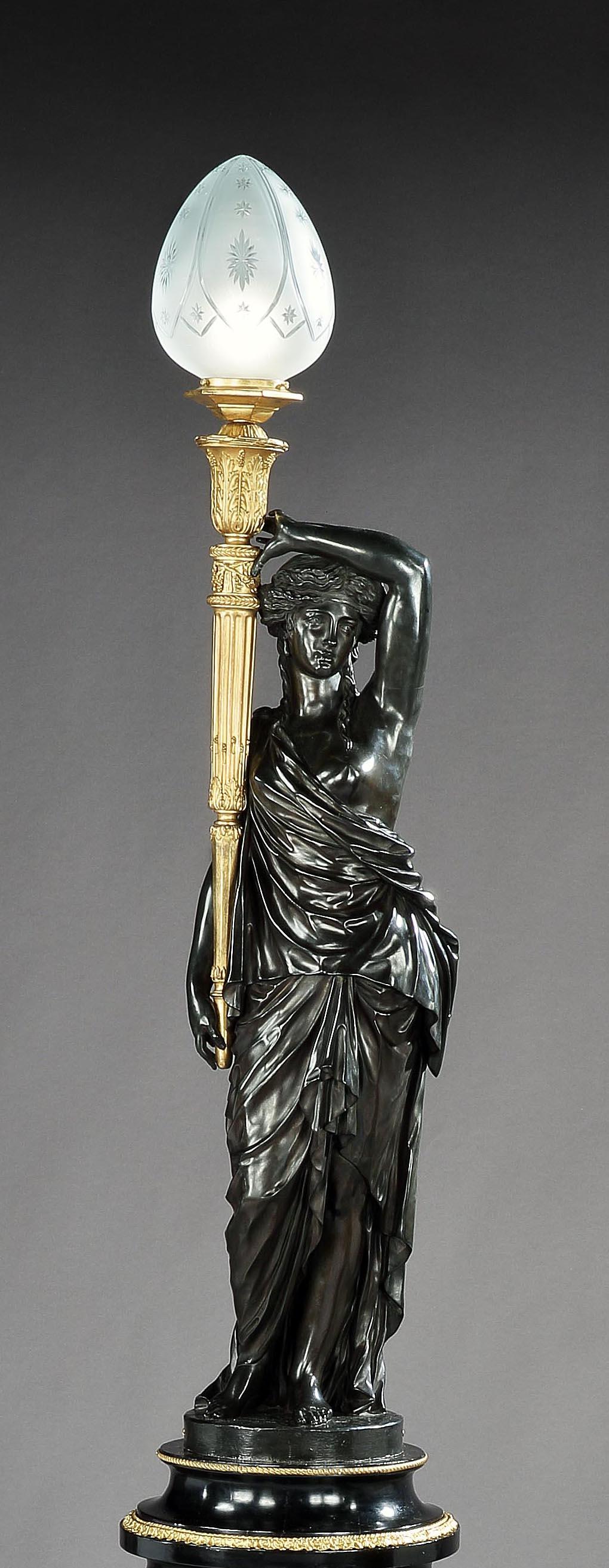 French Magnificent Pair of 19th Century Bronze Figural Torchères by Henry Dasson For Sale