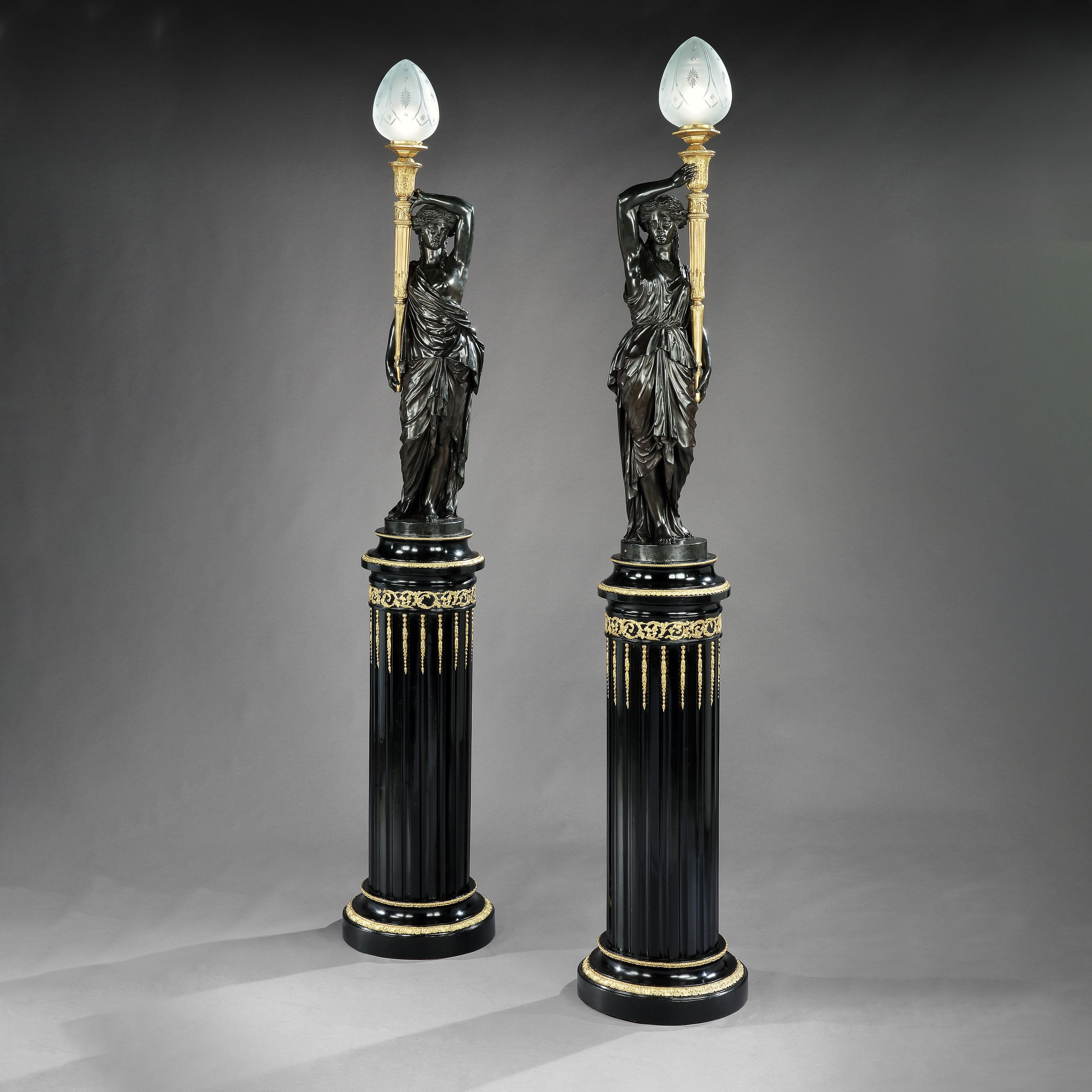 Magnificent Pair of 19th Century Bronze Figural Torchères by Henry Dasson For Sale