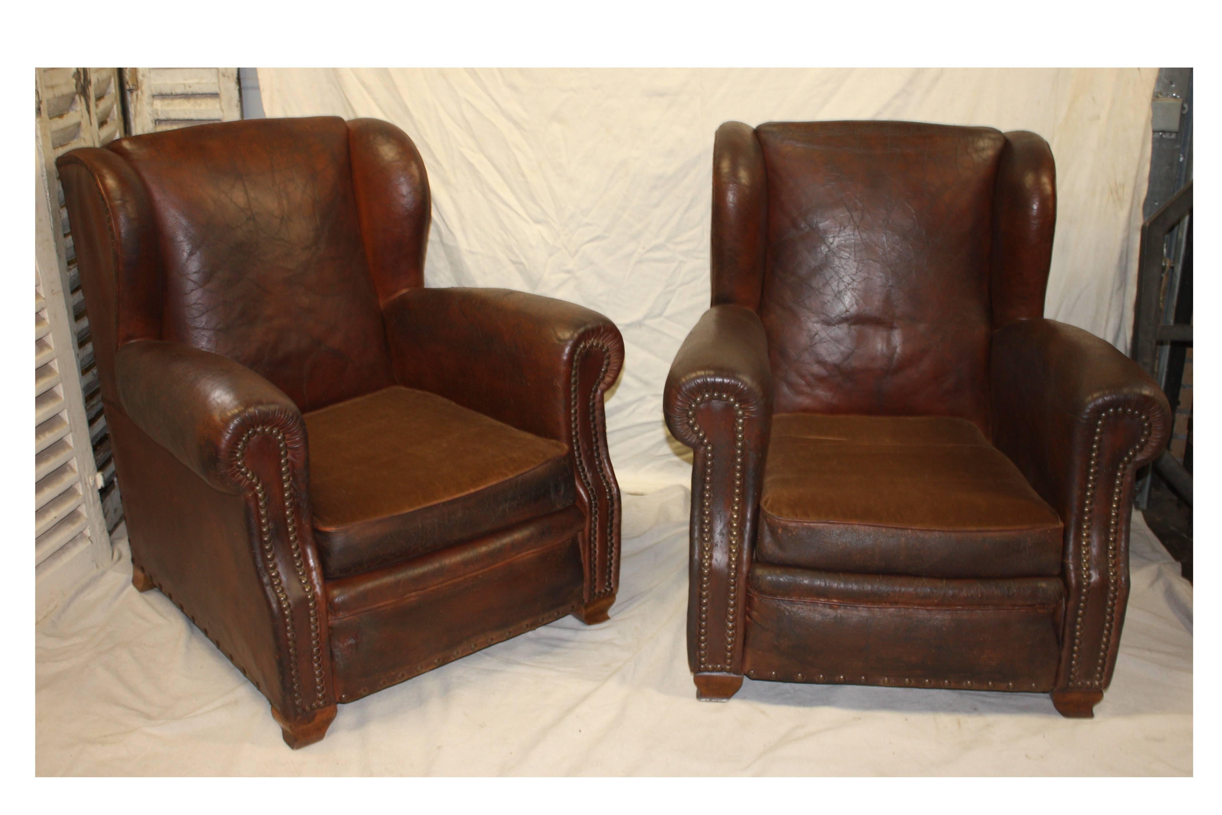 Leather Magnificent Pair of 19th Century French Club Chairs