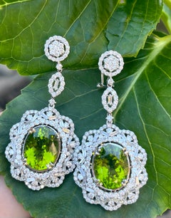 Magnificent Pair of 27 Carat Peridot and Diamond 18K White Gold Drop Earrings