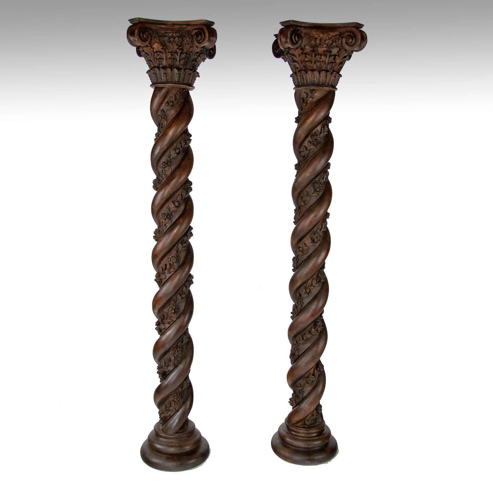 Magnificent Pair of Victorian Twisted Carved Corinthian Columns 1