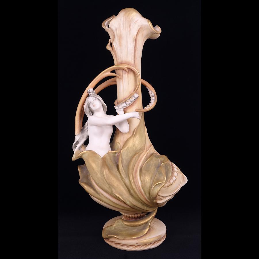 Proud to offer this matching PAIR of early 20th Century Austria Imperial Amphora “Lily-of-the-Valley” maiden vases. These vases were designed by Eduard Stellmacher and manufactured by Riessner & Kessel Amphora of Turn-Teplitz, Austria, in a very
