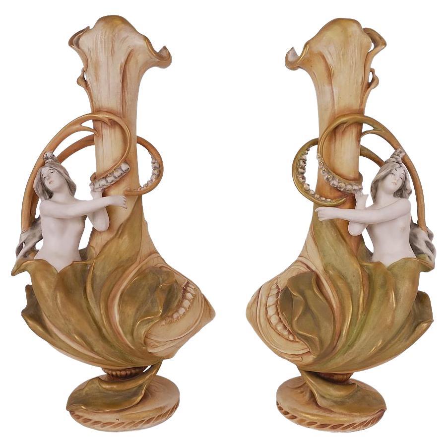 Magnificent Pair of Amphora Art Nouveau "Lily of the Valley" Figural Vases, 1905