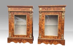 Magnificent Pair of Antique Figured Walnut Marquetry Pier Side Display Cabinets