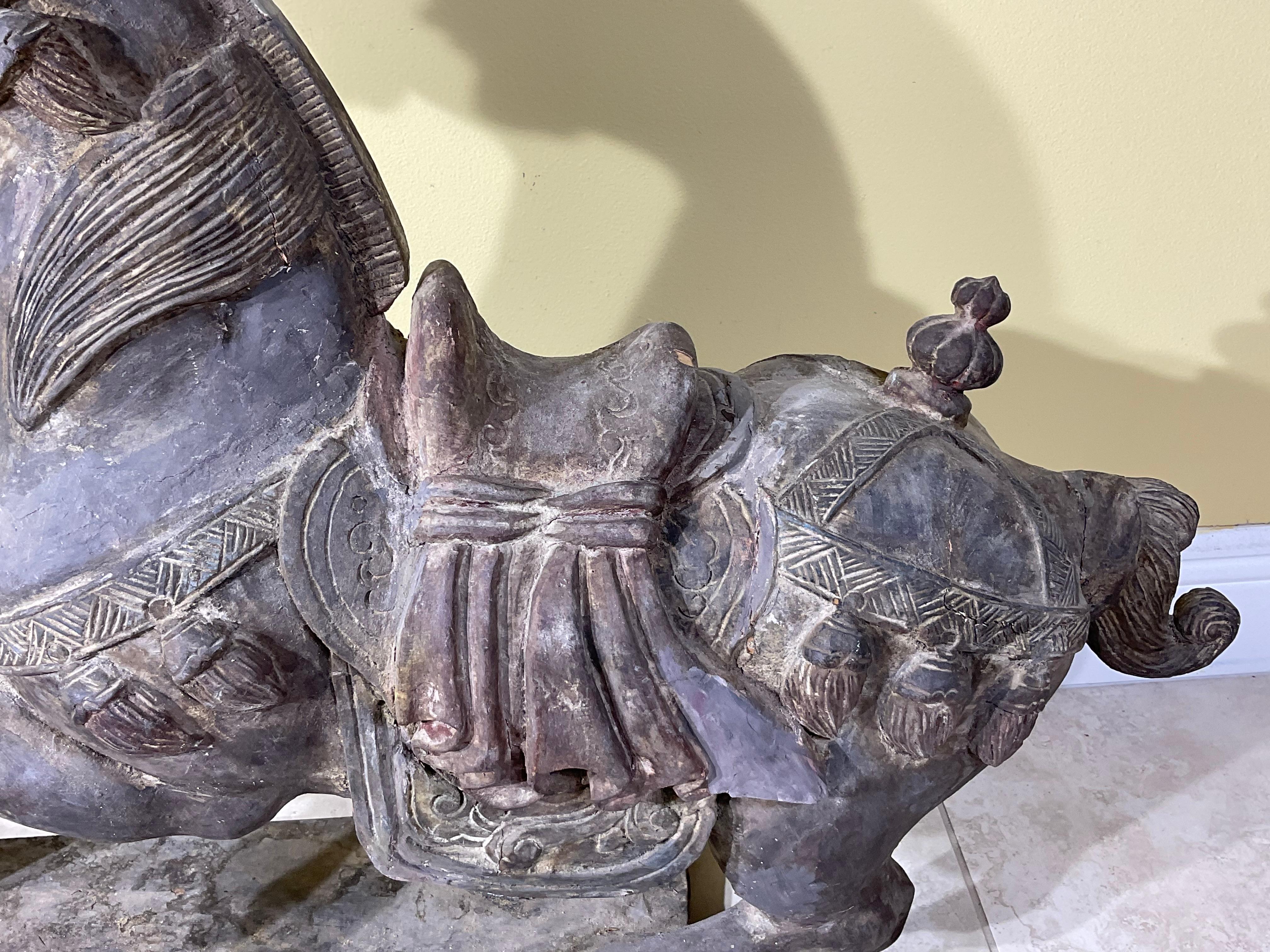 Magnificent Pair of Antique Tang Dynasty Style Carved Horses For Sale 4
