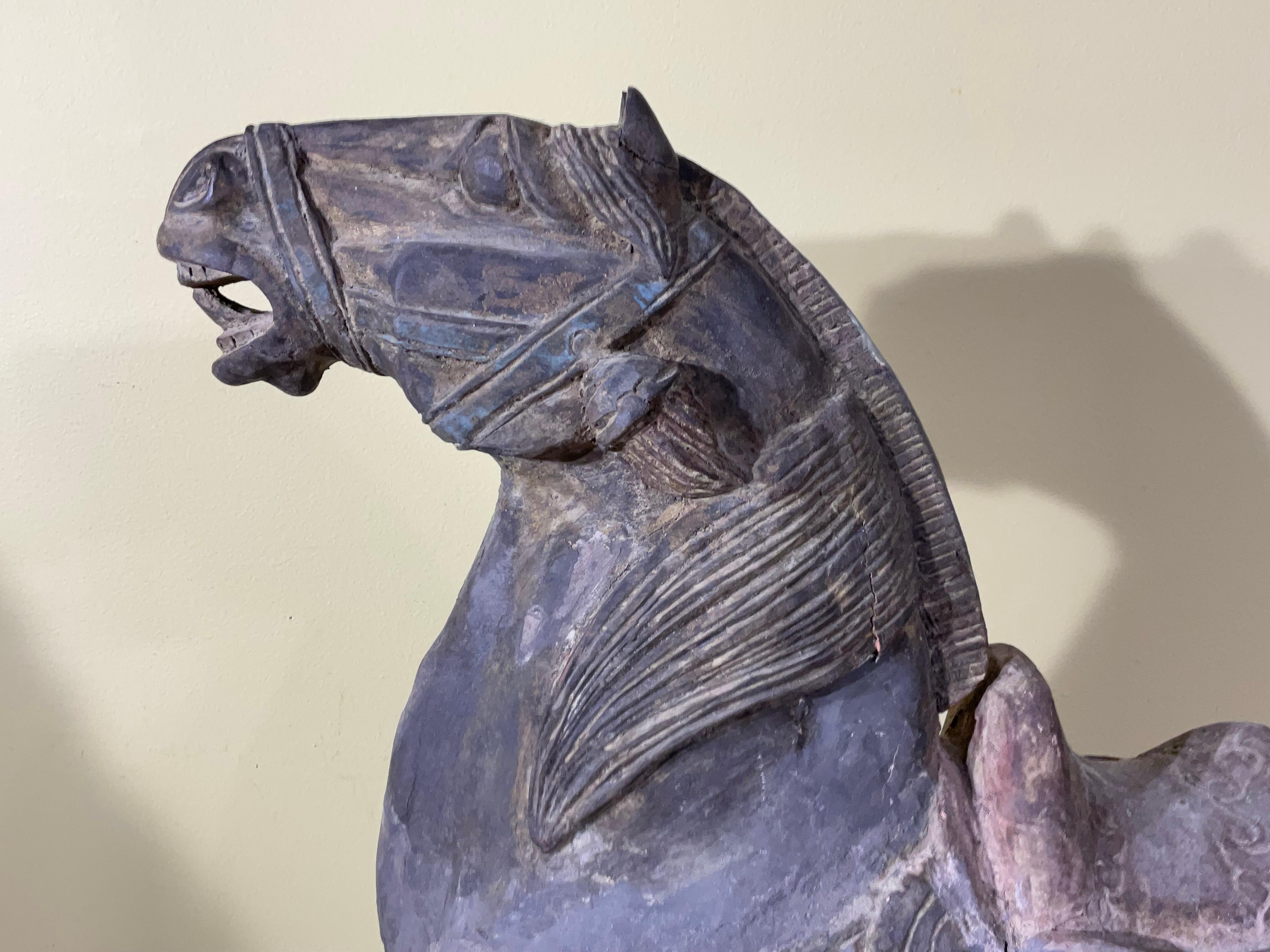 Magnificent Pair of Antique Tang Dynasty Style Carved Horses For Sale 5