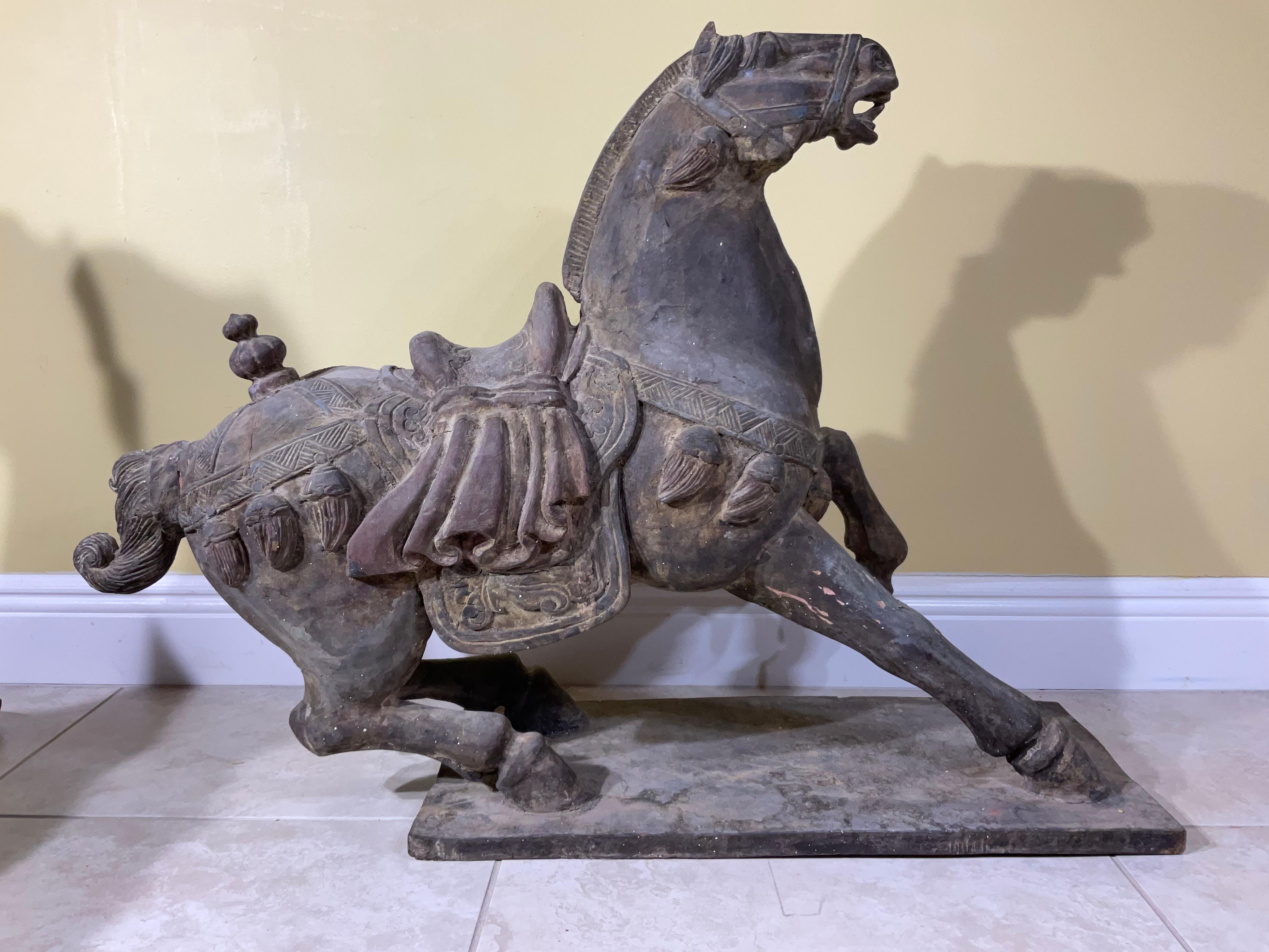 Magnificent Pair of Antique Tang Dynasty Style Carved Horses For Sale 6