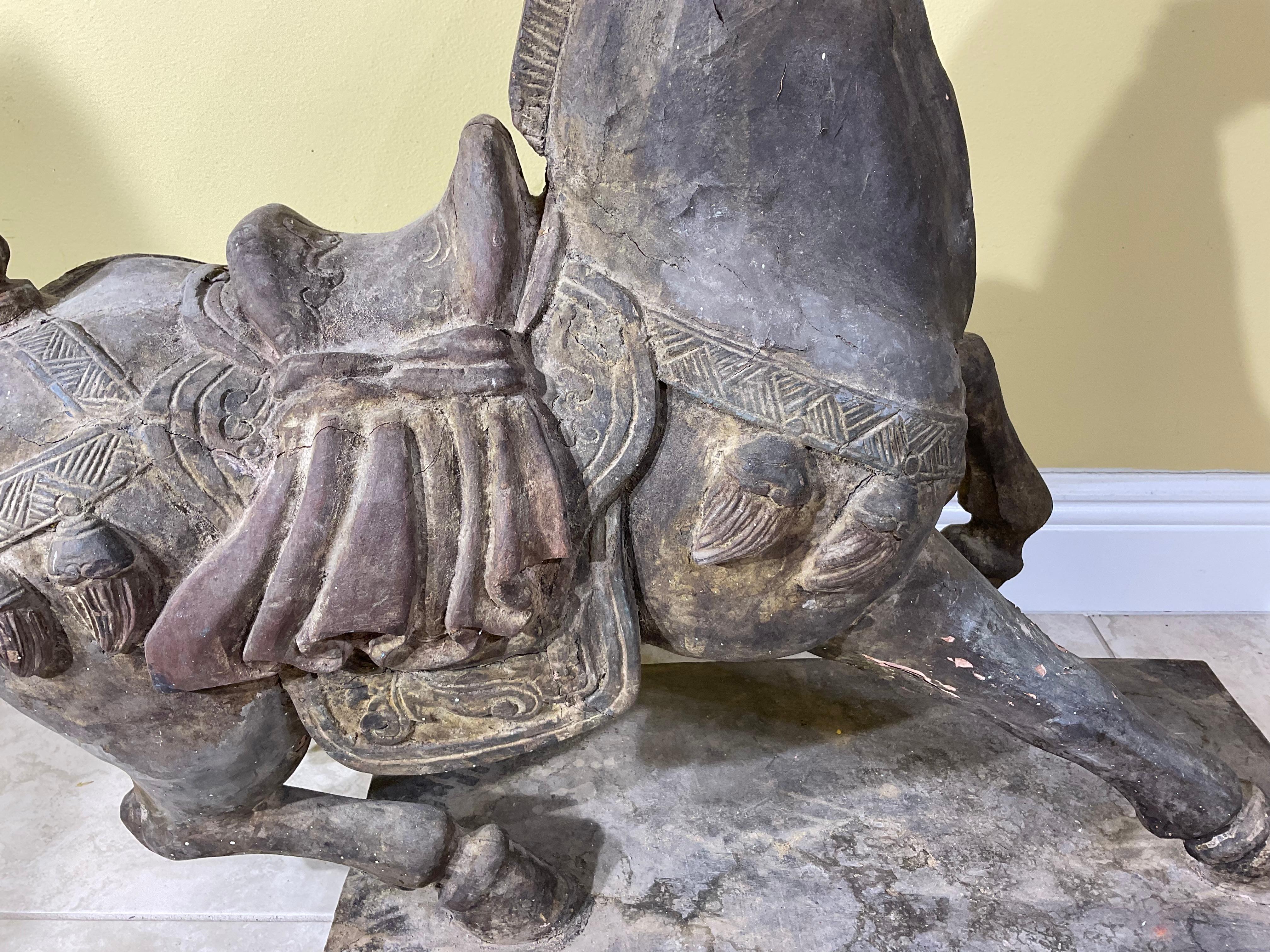 Magnificent Pair of Antique Tang Dynasty Style Carved Horses For Sale 7