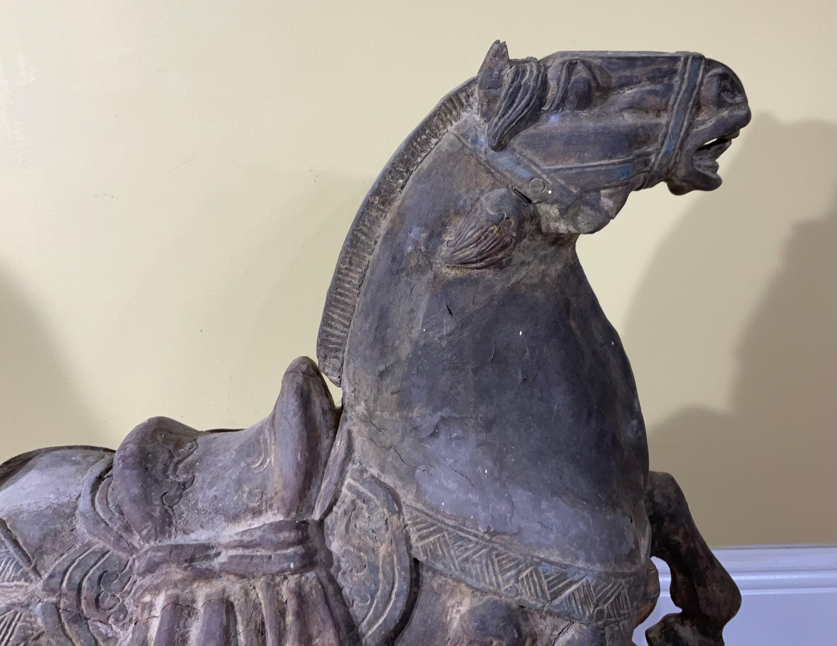 Magnificent Pair of Antique Tang Dynasty Style Carved Horses For Sale 8
