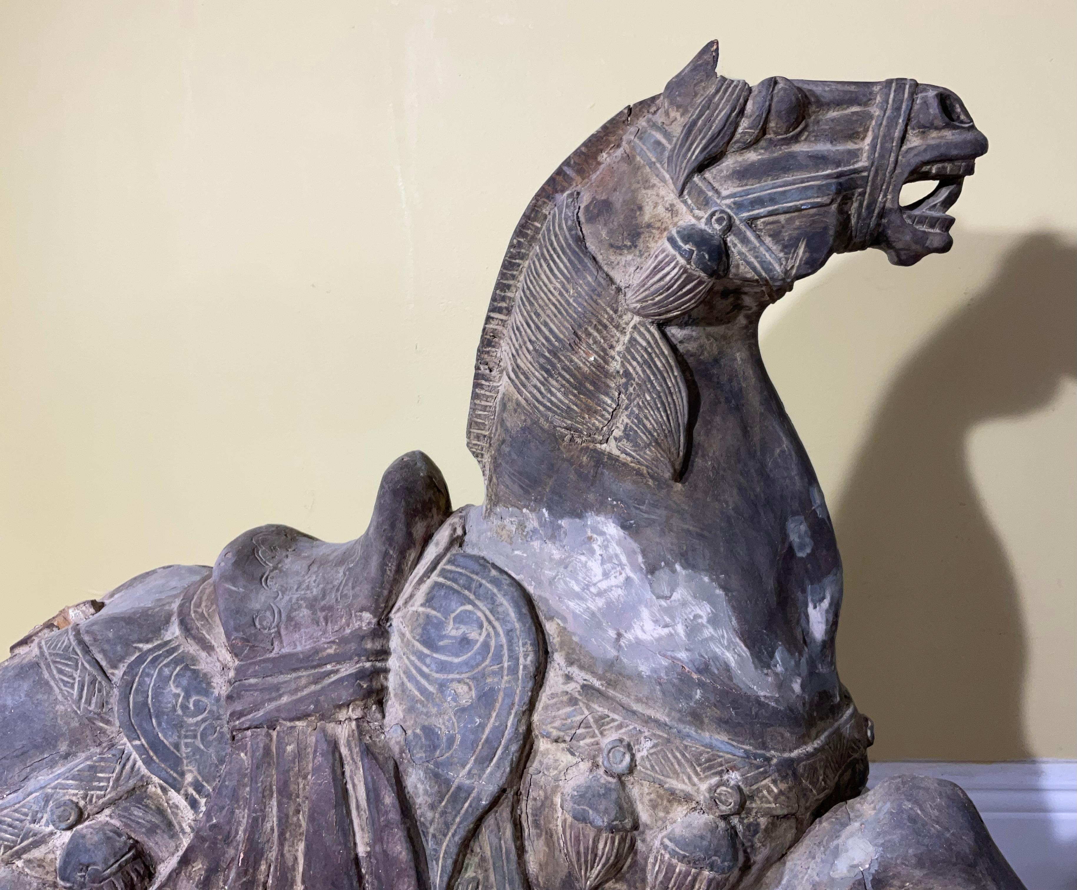 Hand-Carved Magnificent Pair of Antique Tang Dynasty Style Carved Horses For Sale