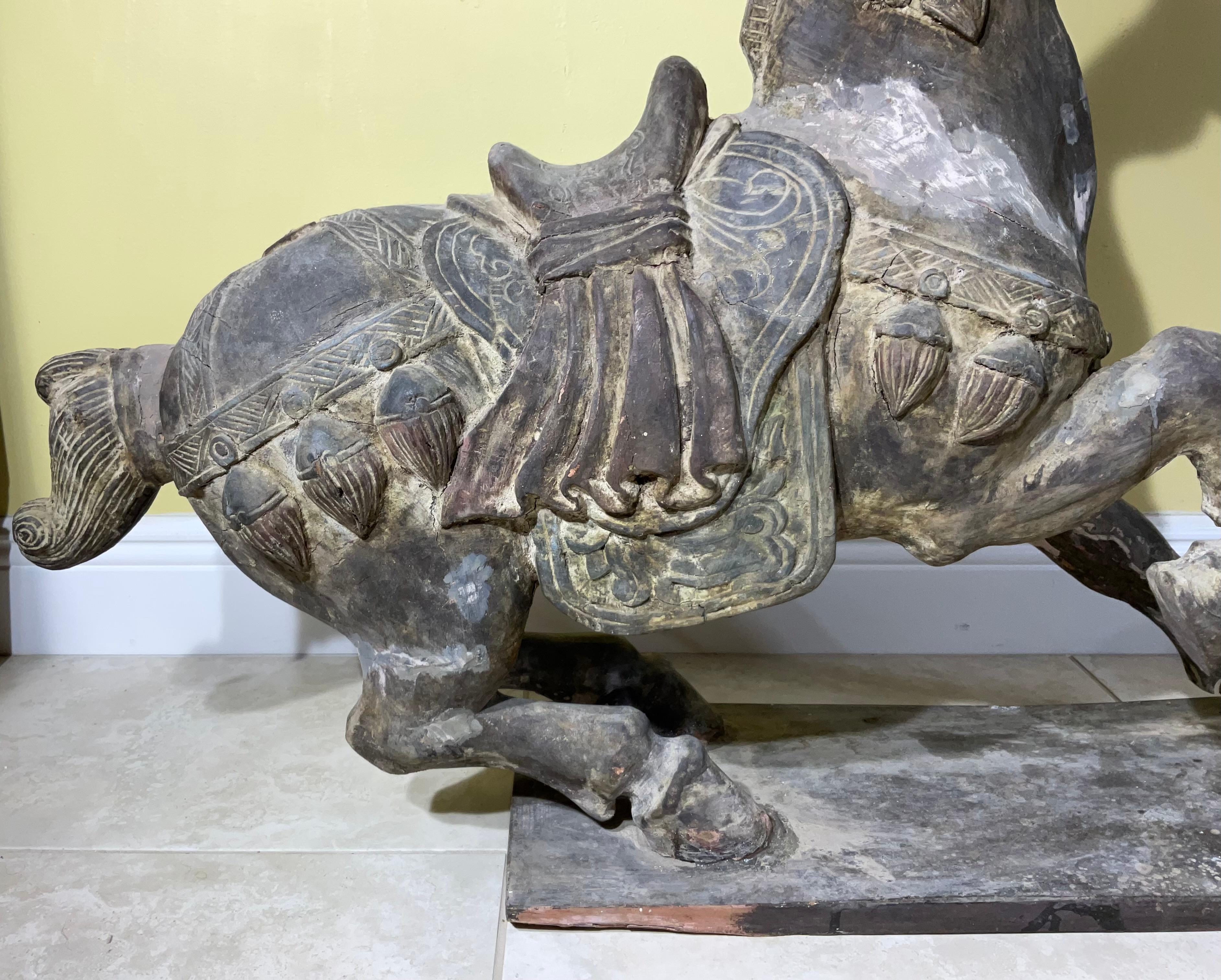 Magnificent Pair of Antique Tang Dynasty Style Carved Horses In Fair Condition For Sale In Delray Beach, FL