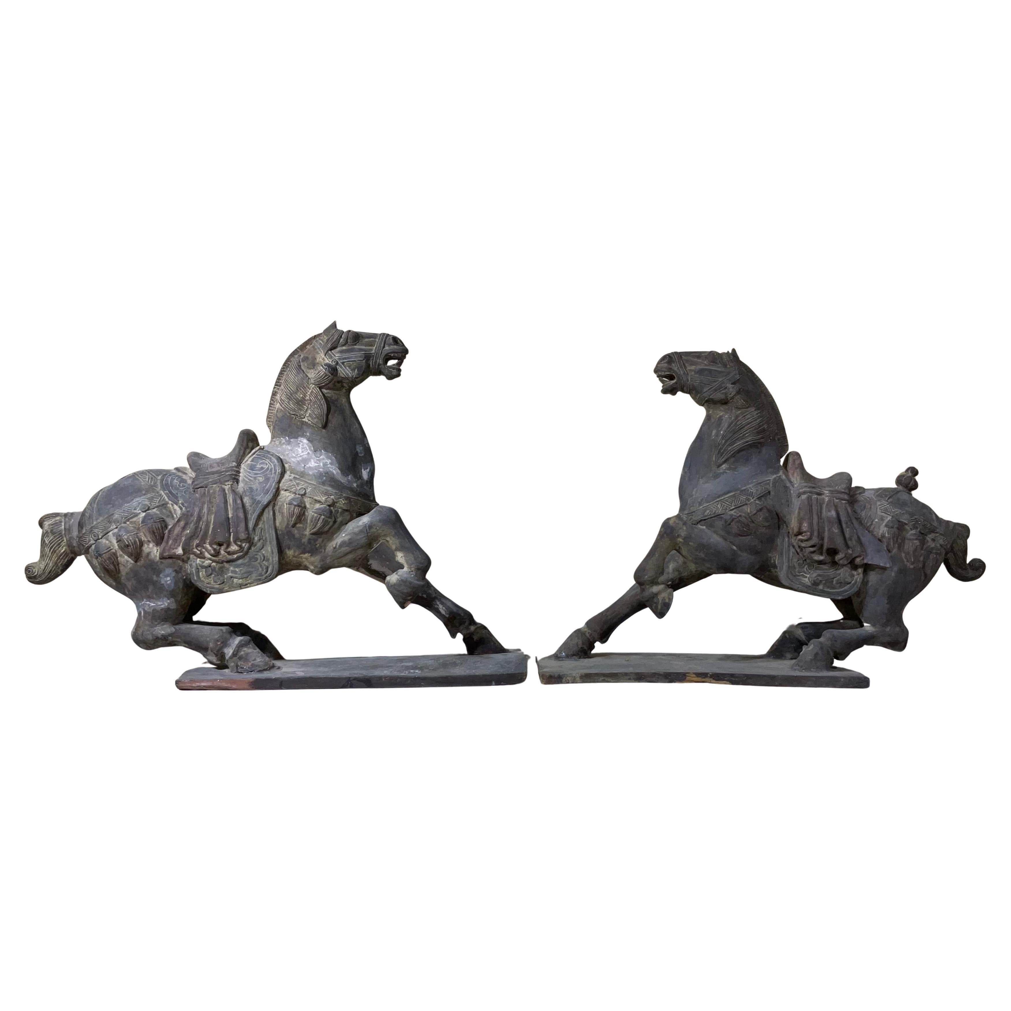 Magnificent Pair of Antique Tang Dynasty Style Carved Horses