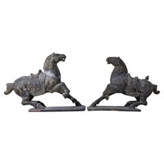 Magnificent Pair of Antique Tang Dynasty Style Carved Horses
