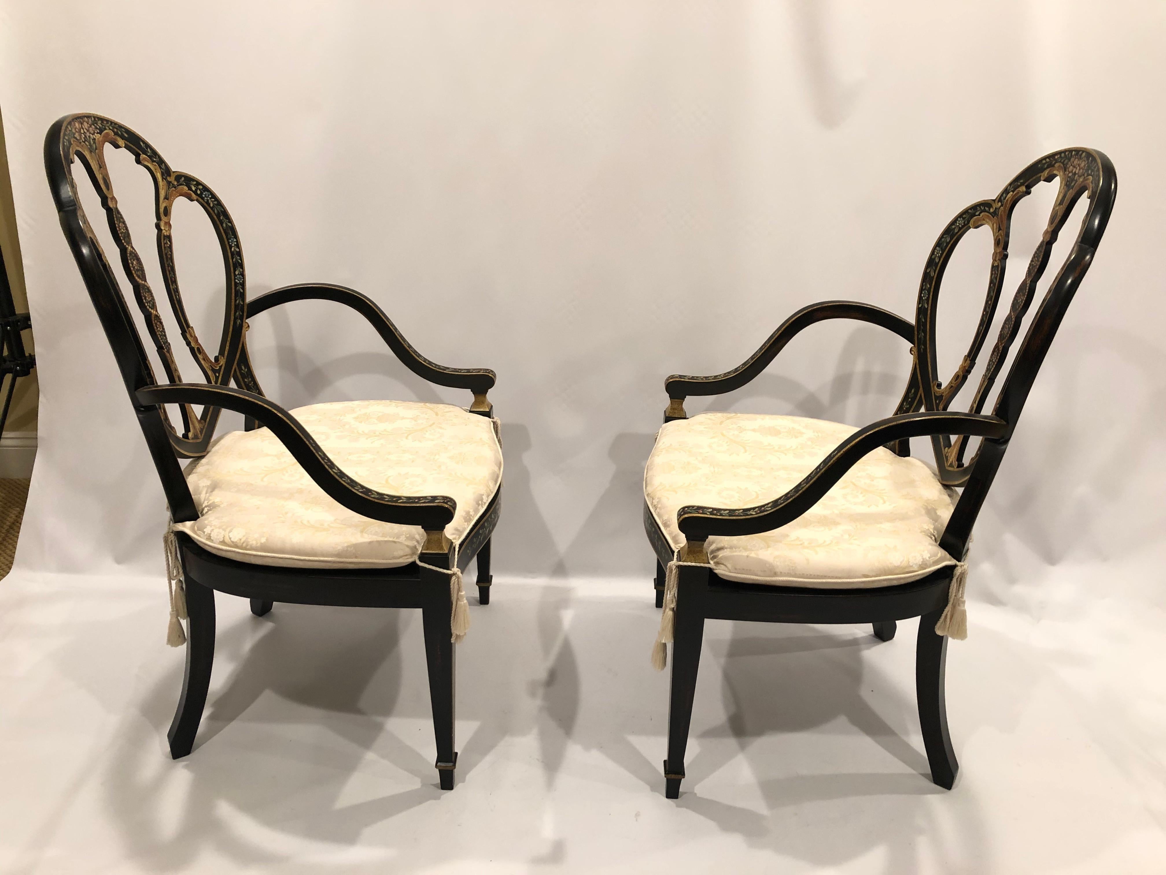 Magnificent Pair of Black Hand Painted Italian Armchairs with Caned Seats For Sale 7