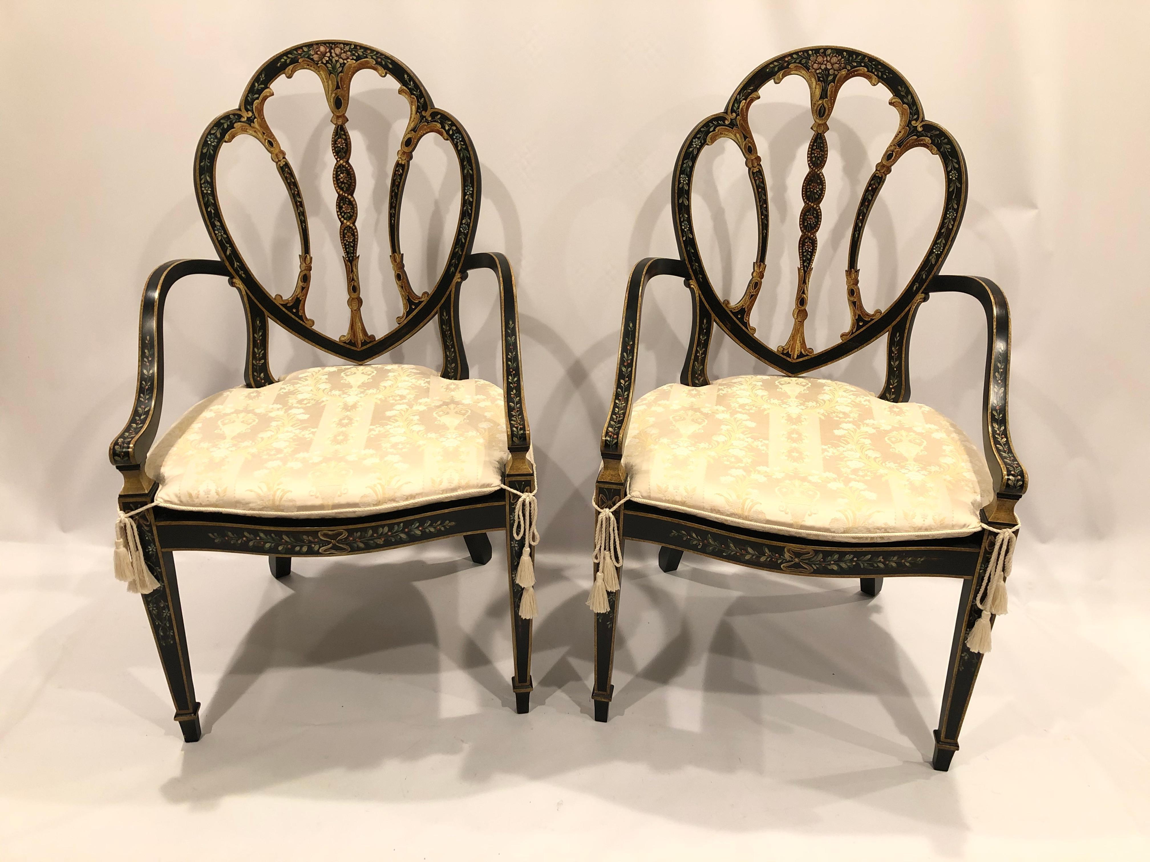 Magnificent Pair of Black Hand Painted Italian Armchairs with Caned Seats For Sale 13