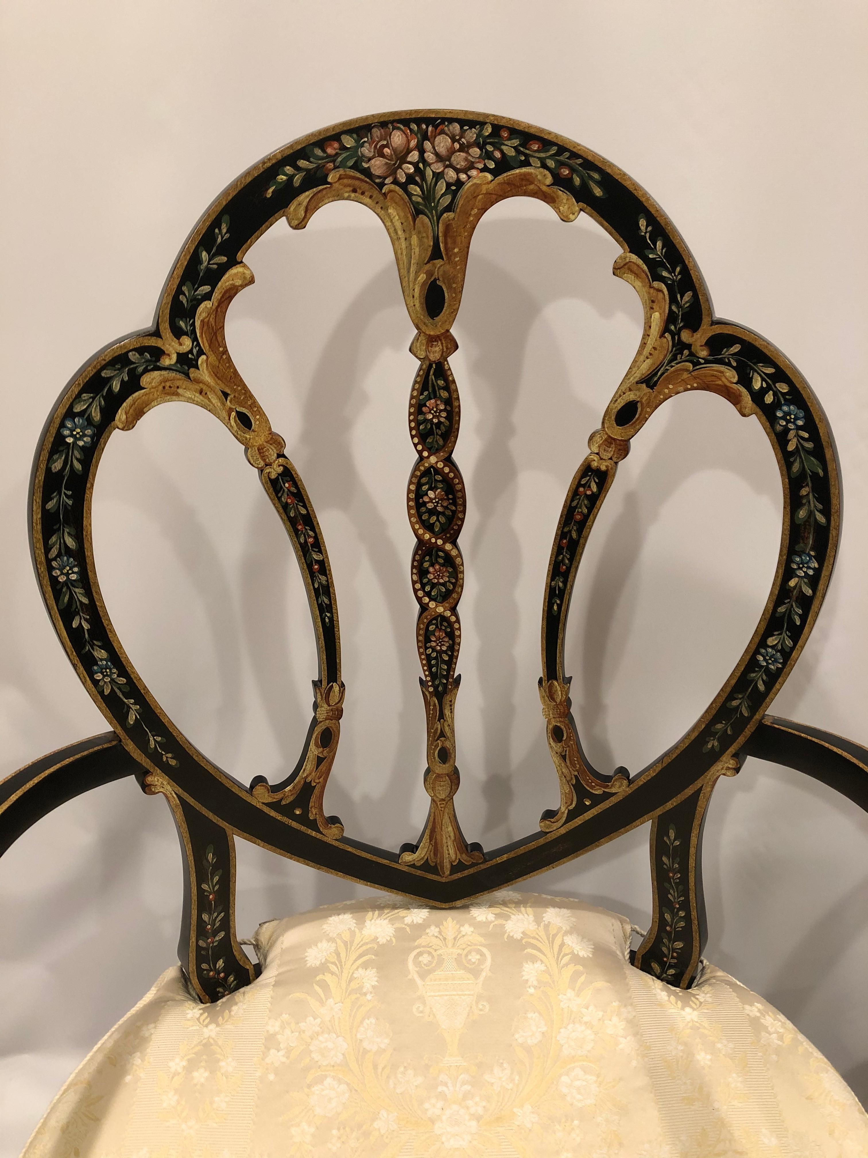 Magnificent Pair of Black Hand Painted Italian Armchairs with Caned Seats In Good Condition For Sale In Hopewell, NJ