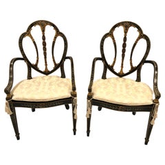 Magnificent Pair of Black Hand Painted Italian Armchairs with Caned Seats