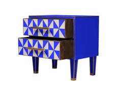 Magnífica pareja de mesillas de noche de cristal de Murano de efecto "óptico" azul y blanco