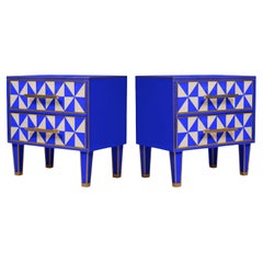 Magnificent Pair of Blue and White "Optical" Effect Nightstands in Murano Glass