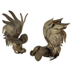 Magnificent Pair of Brass Foraging Roosters, Italy, 1950s – Attributed to Gucci