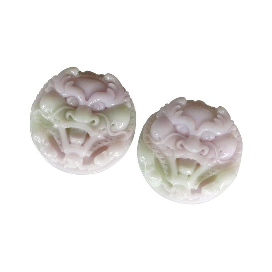Contemporary Magnificent Pair of Hand Carved Lavender Jadeite Masks For Sale