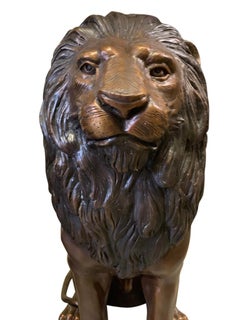 Magnificent Pair of Cast Bronze Sitting Lions, 20th Century