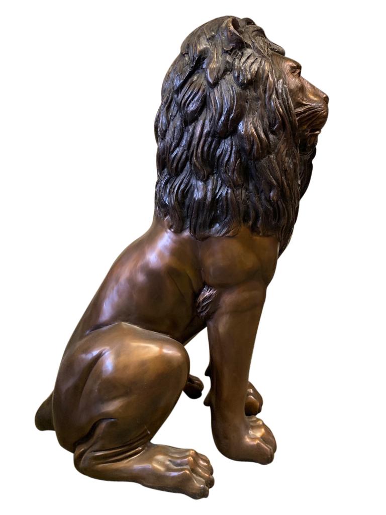 European Magnificent Pair of Cast Bronze Sitting Lions, 20th Century For Sale