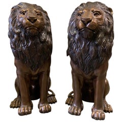 Magnificent Pair of Cast Bronze Sitting Lions, 20th Century