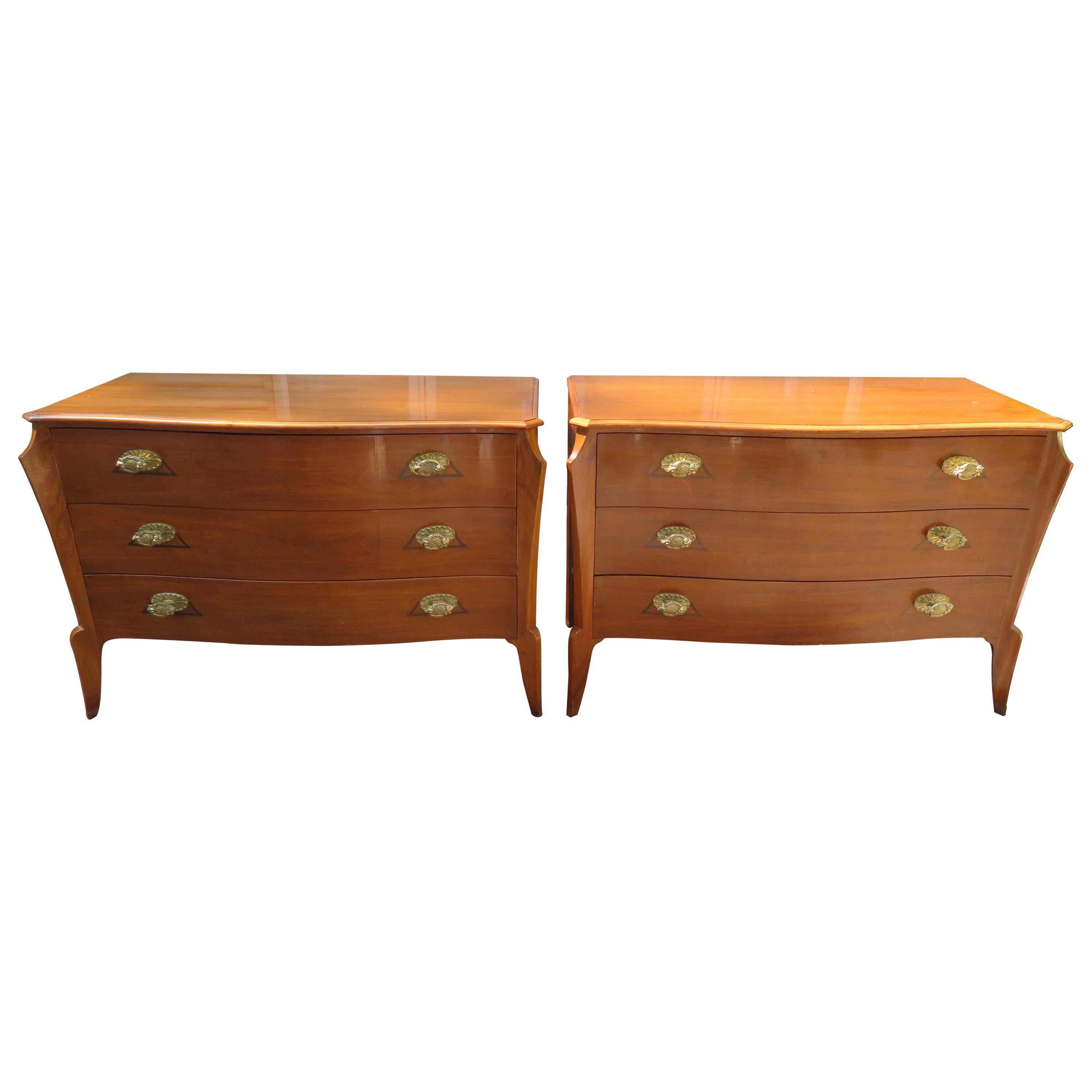 Magnificent Pair of Dorothy Draper Style Bowed Front Bachelors Chests Regency For Sale