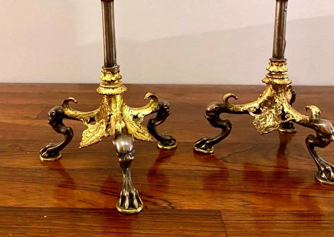 Napoleon III Magnificent Pair of Double Patina Bronze Candlesticks Signed Barbedienne 19th C. For Sale