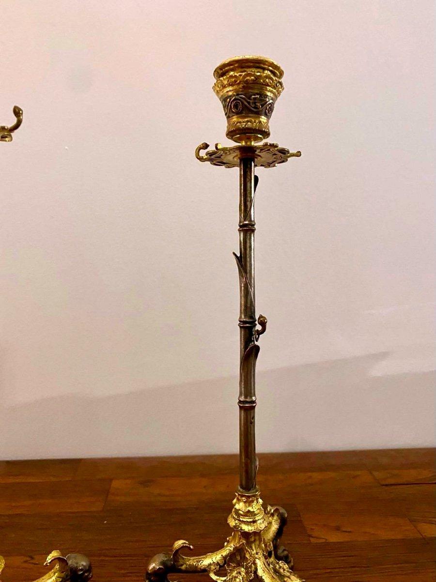 Magnificent Pair of Double Patina Bronze Candlesticks Signed Barbedienne 19th C. In Excellent Condition For Sale In CRÉTEIL, FR