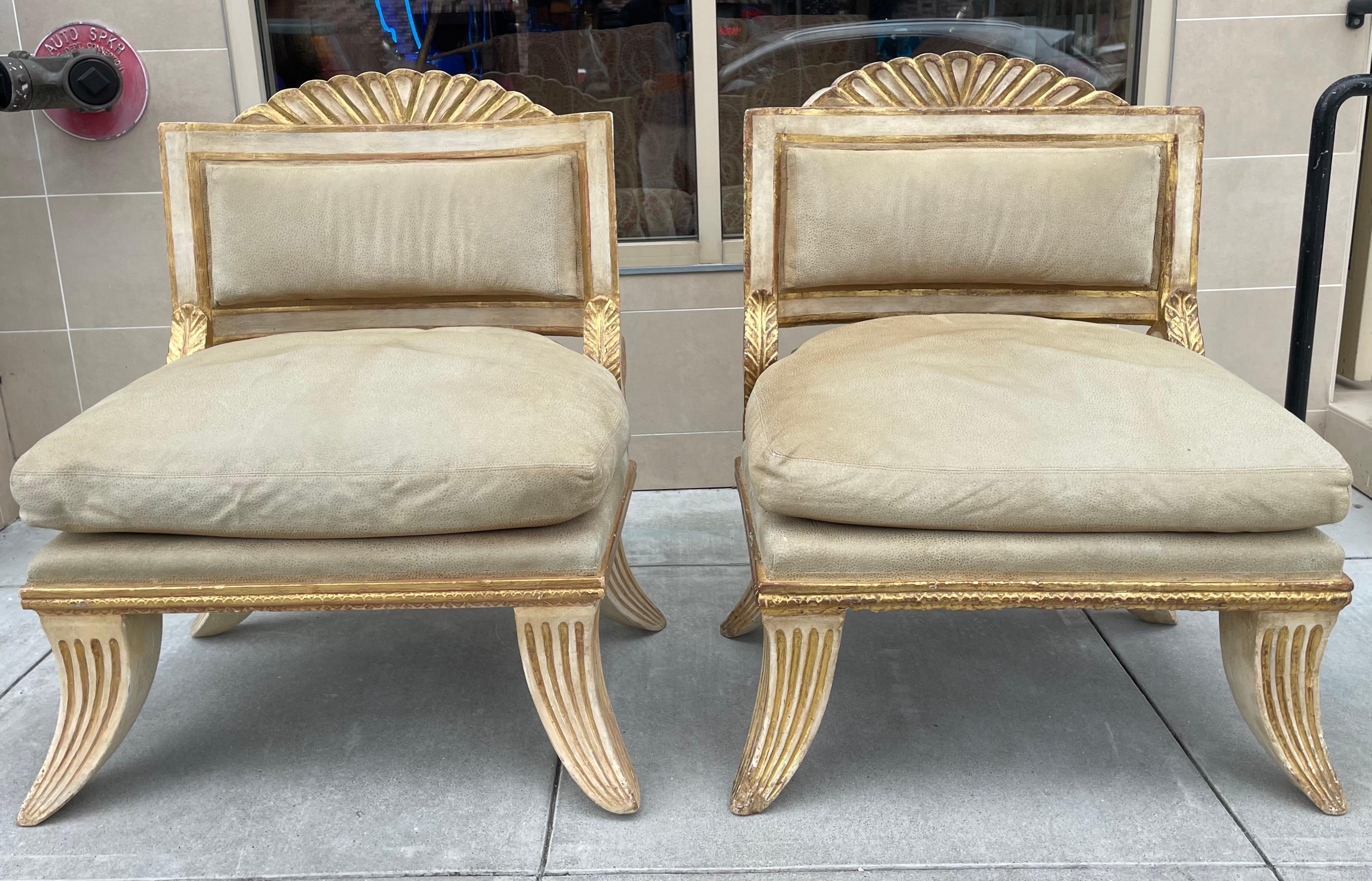 This generously scaled pair of Swedish style chairs hail from a storied Seacliff mansion in San Francisco. They are covered in a luxurious suede and are extremely comfortable.