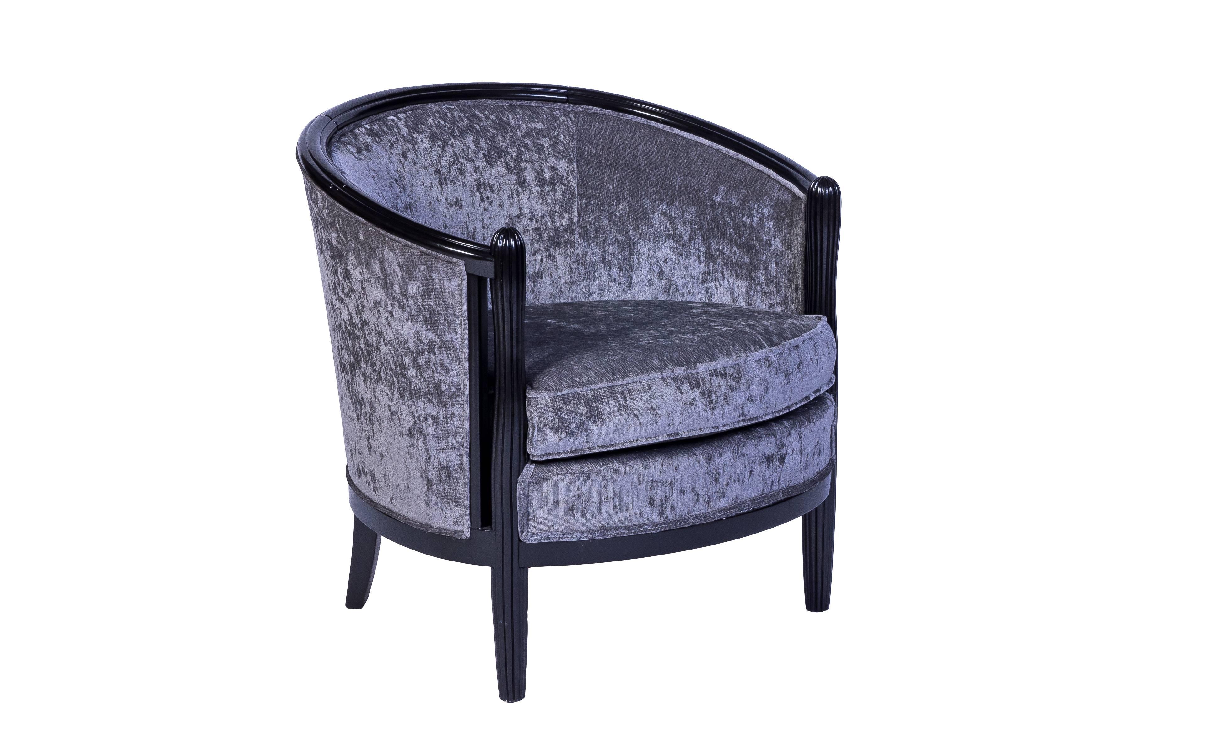 French Magnificent Pair of Ebonized Mahogany Club Chairs in Luxe Gray Velvet For Sale