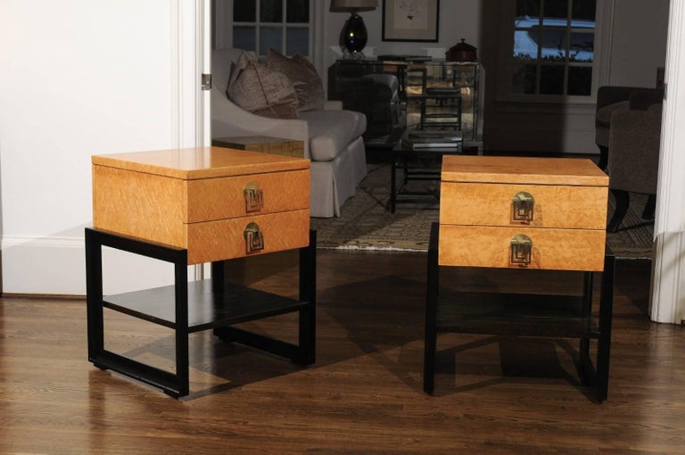 Brass Magnificent Pair of End Tables by Renzo Rutili in Birdseye Maple, circa 1955 For Sale