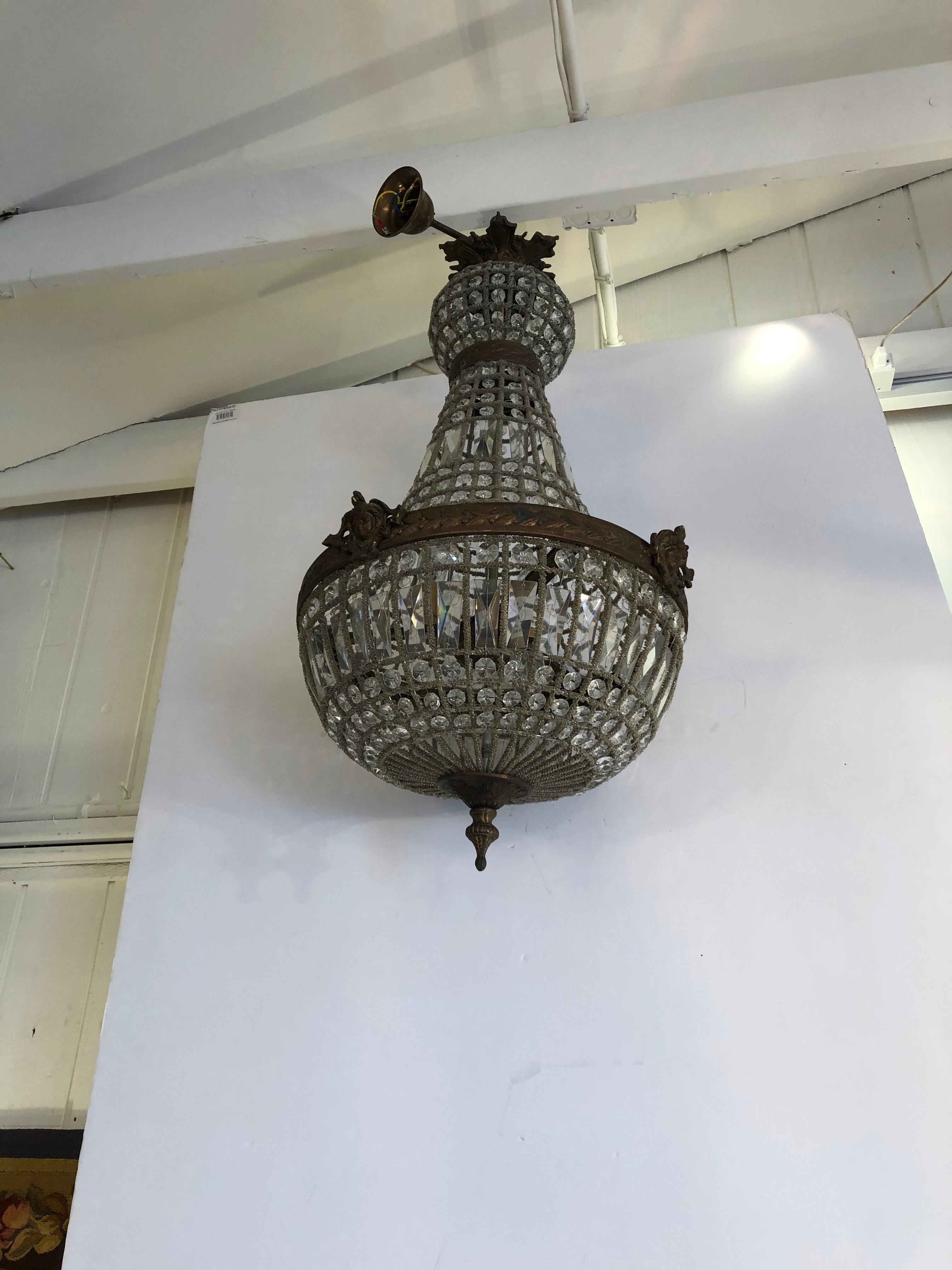 Magnificent Pair of Fancy French Empire Crystal and Bronze Pendant Chandeliers 7