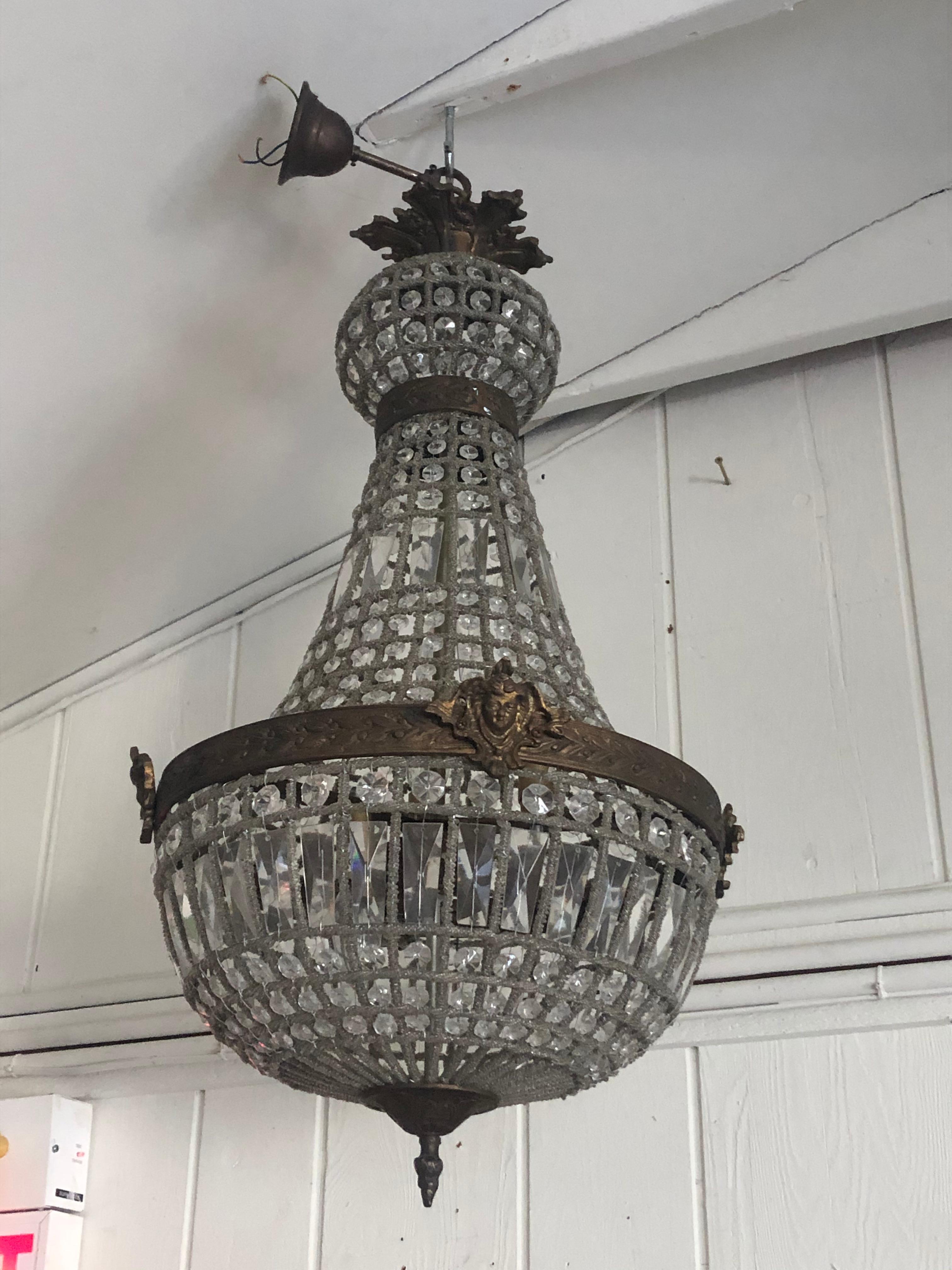 Magnificent Pair of Fancy French Empire Crystal and Bronze Pendant Chandeliers In Good Condition In Hopewell, NJ