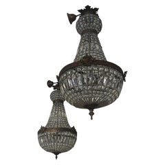 Magnificent Pair of Fancy French Empire Crystal and Bronze Pendant Chandeliers