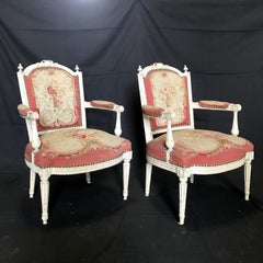 Magnificent Pair of French Aubusson Tapestry and Carved Wood Fauteuil Armchairs