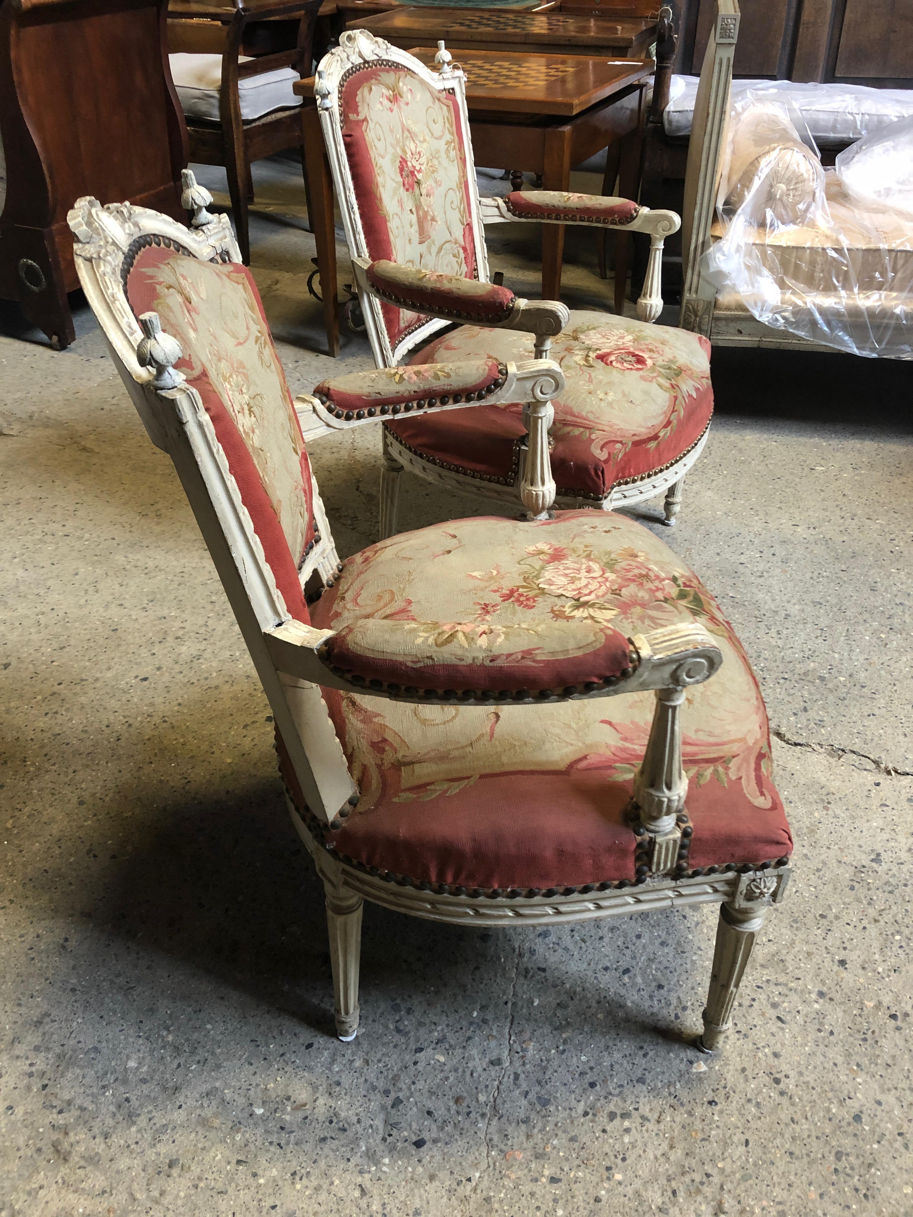 Magnificent Pair of French Aubusson Tapestry & Carved Wood Fauteuil Arm Chairs 2