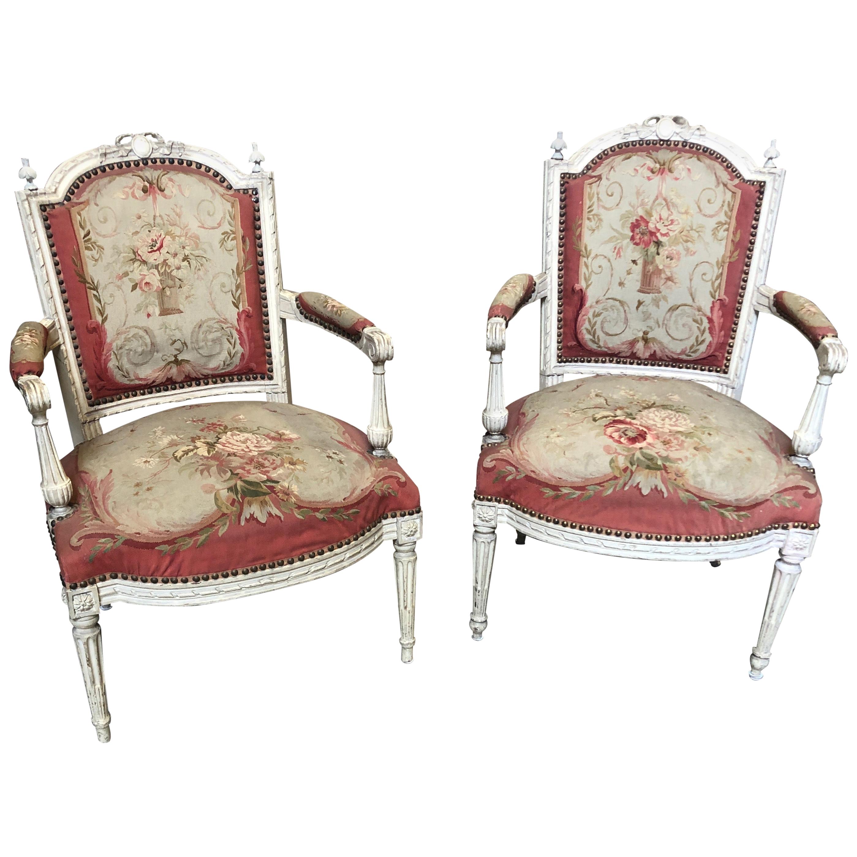 Magnificent Pair of French Aubusson Tapestry & Carved Wood Fauteuil Arm Chairs