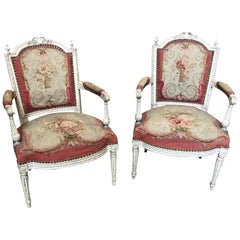 Magnificent Pair of French Aubusson Tapestry & Carved Wood Fauteuil Arm Chairs