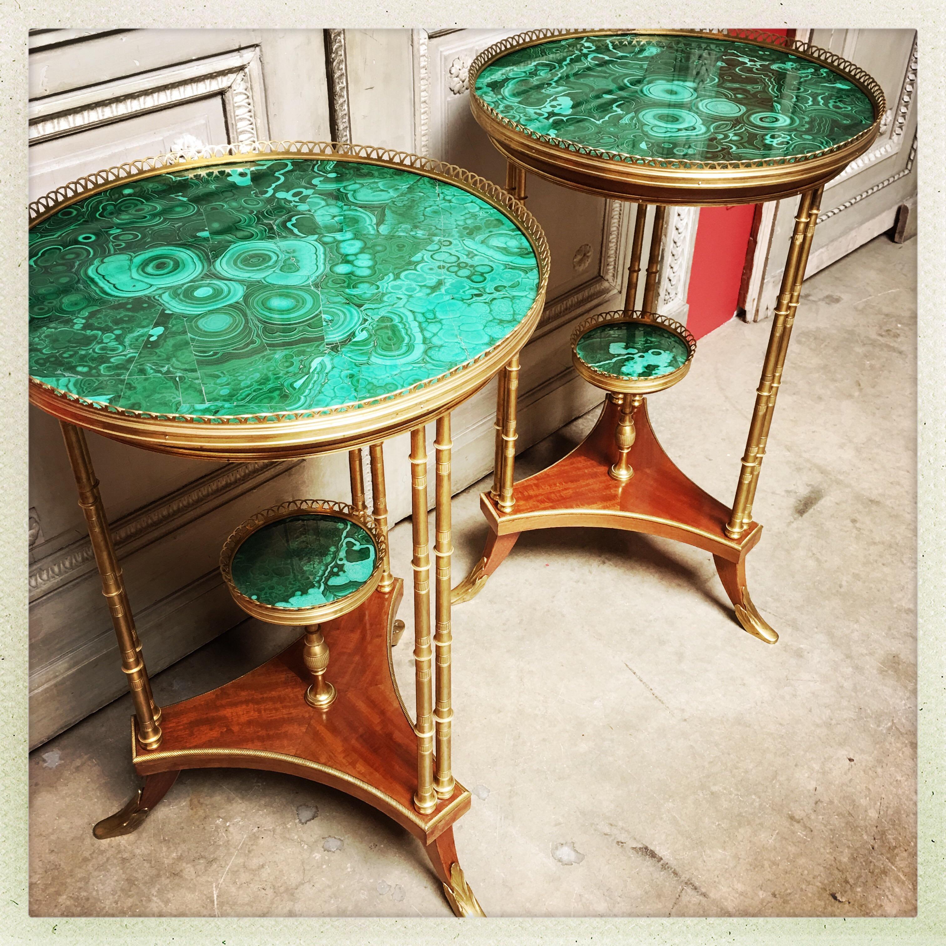 Magnificent Pair of French Louis XVI Style Gueridons with Malachite Surfaces In Good Condition In Dallas, TX