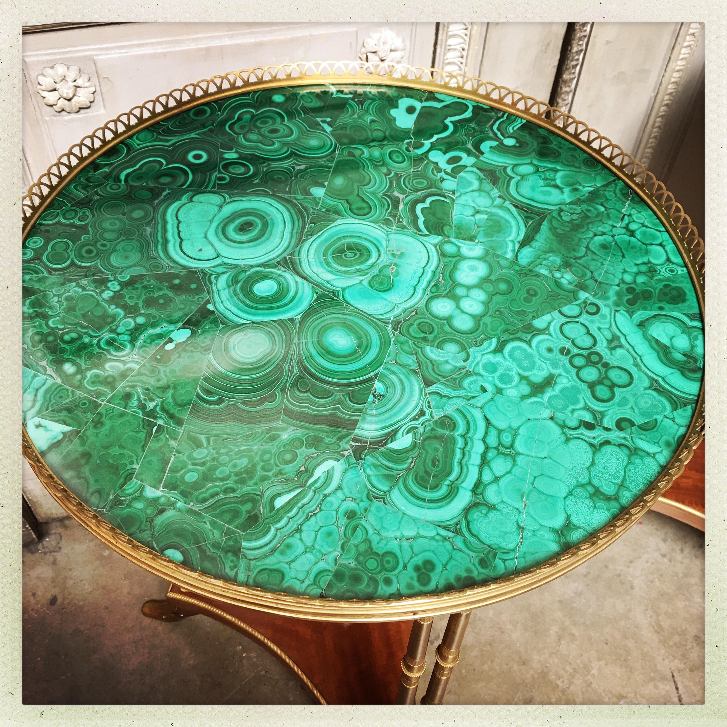 20th Century Magnificent Pair of French Louis XVI Style Gueridons with Malachite Surfaces