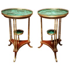 Magnificent Pair of French Louis XVI Style Gueridons with Malachite Surfaces