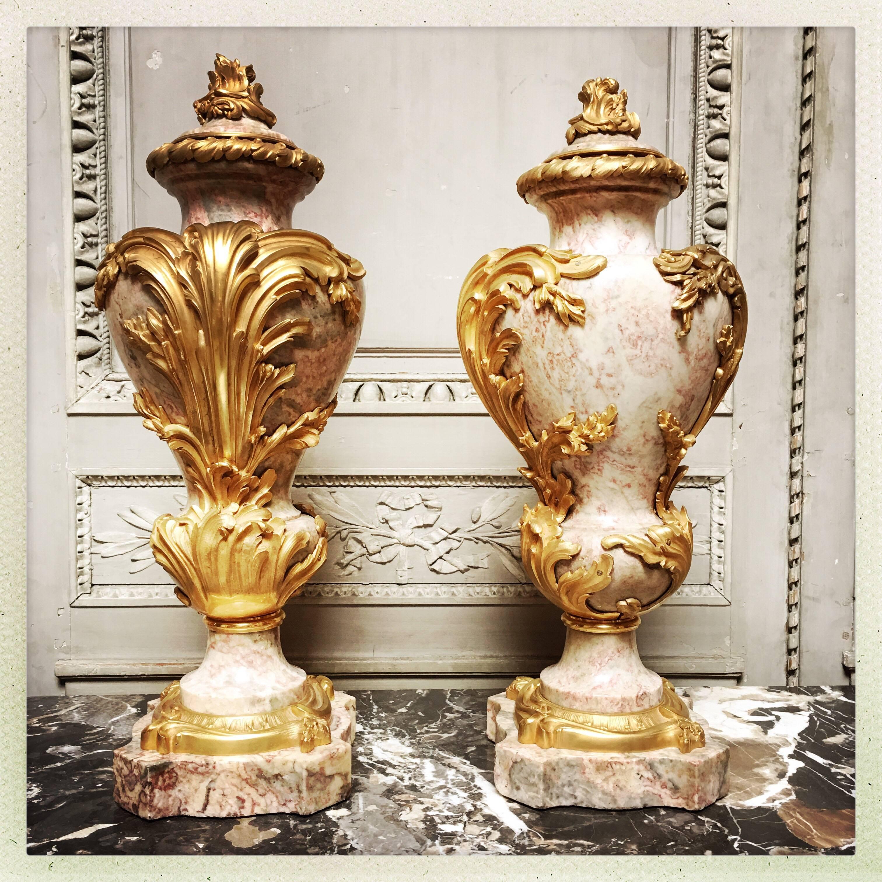 Rococo Magnificent Pair of French Marble and Bronze Louis XV Style Cassolettes